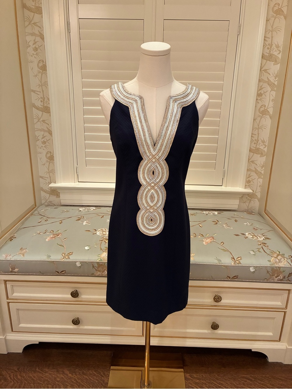 Lilly Pulitzer Navy Blue Valli Shift Dress w/ Gold, White, Silver Embellishment